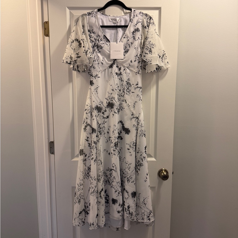 Victoria Beckham Black and White Floaty Floral Godet Midi Dress - RETAIL $1250